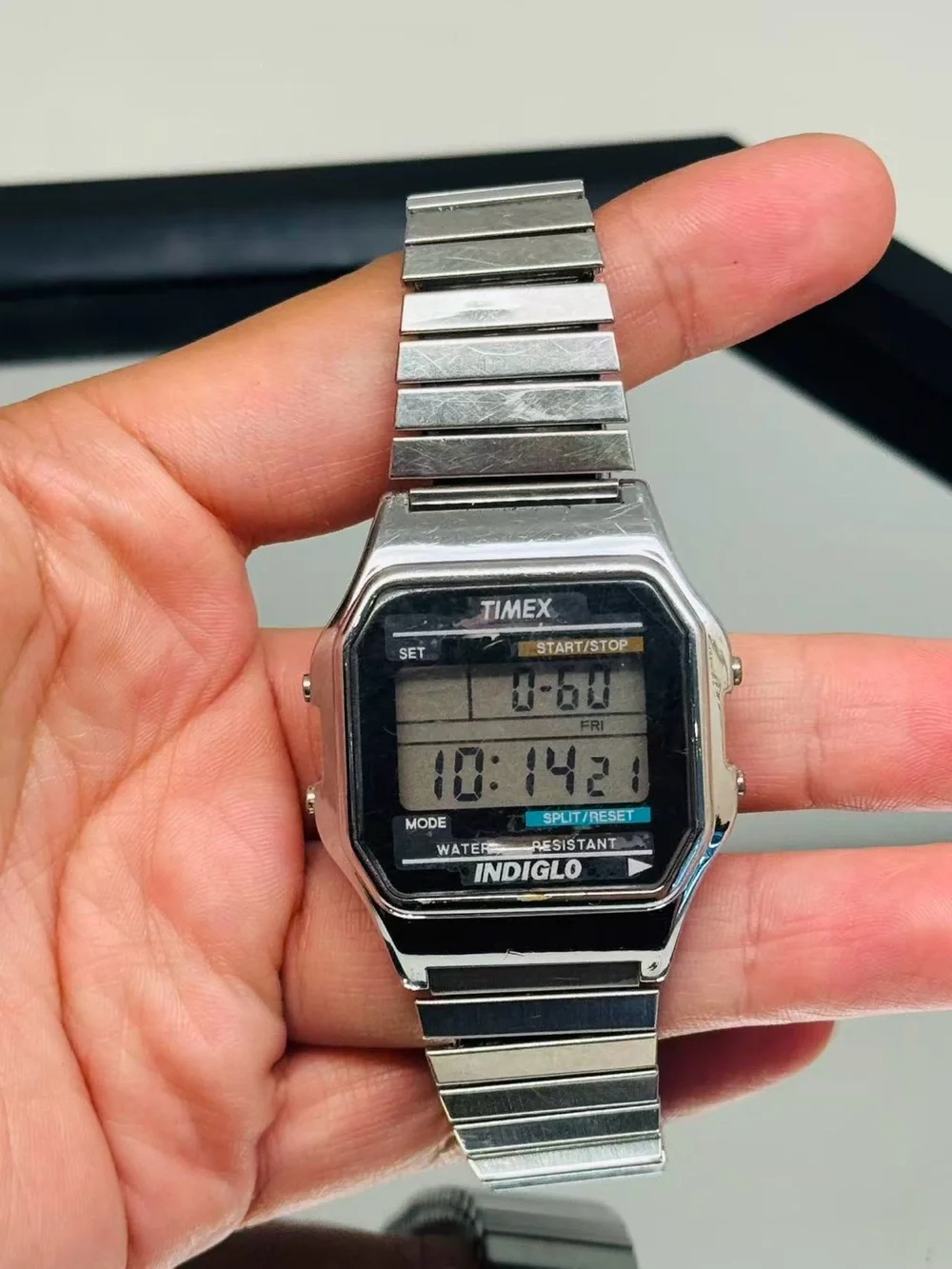 Timex Silver Digital Indiglo Watch with Black Dial Accents